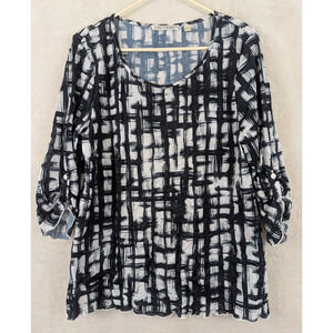 Snoskins sz XL Blouse black & white print crinkly fabric lightweight top 0440